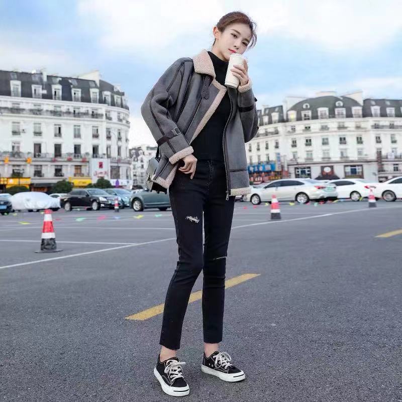 Women Autumn Winter Faux Lamb Leather Jacket Female Faux Leather Lambswool Fur Collar Coats New Warm Thicken Outerwear T200915