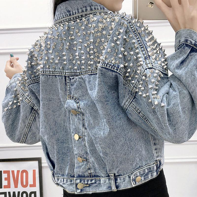 New Rivet Women's Denim Jacket Spring Autumn Cowboy Outerwear Tops Loose Streetwear Lady Short Jeans Coat 21114