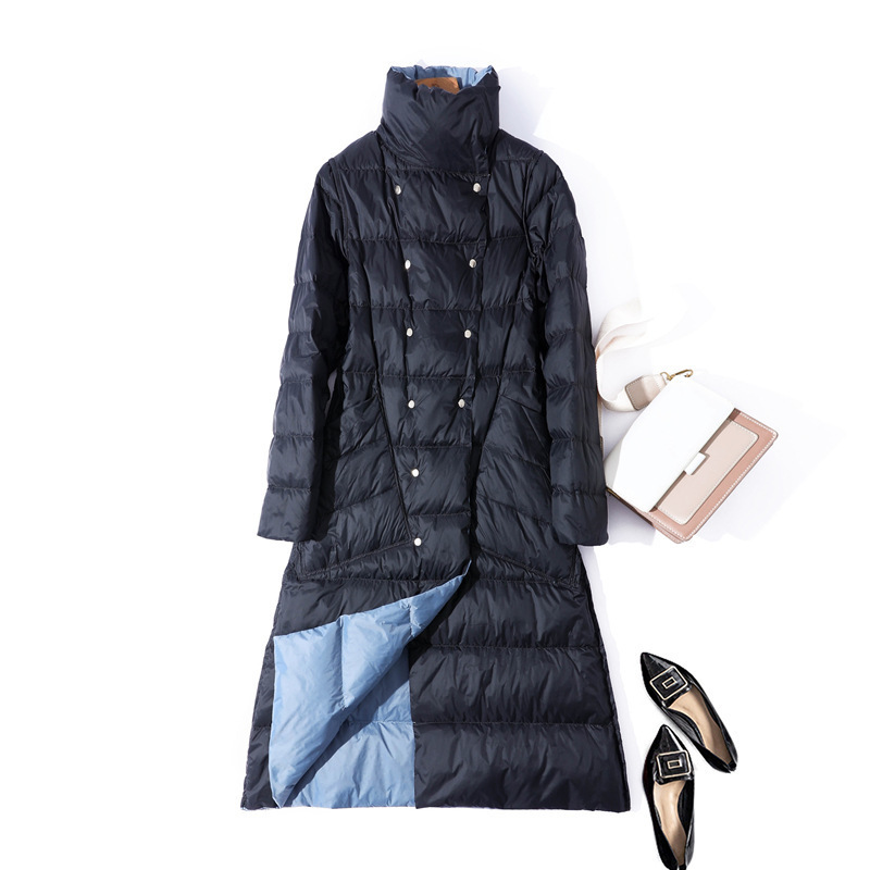 Luzuzi Women Double Sided Down Long Jacket Winter Turtleneck White Duck Down Coat Double Breasted Warm Parkas Female Outerwear 201119