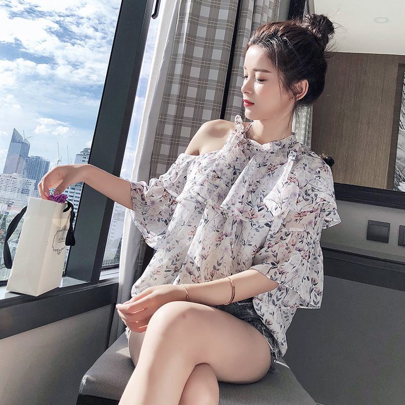 Mishow women blouse loose strapless 2019 new Korean Fashion Official Lady floral chiffon shirt Tops T200321