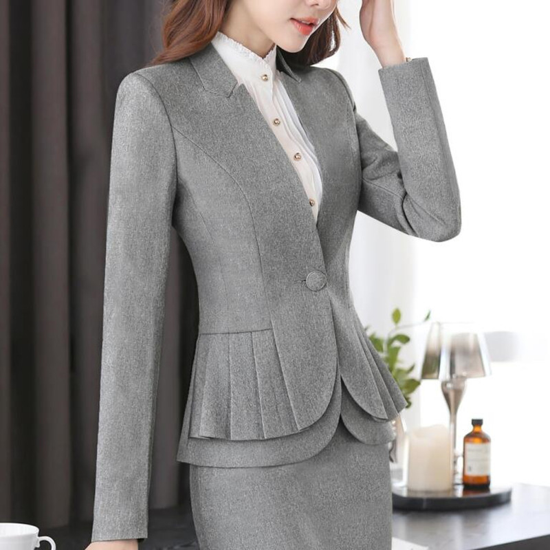 NAVIU Elegant and Fashion Women Blazers Autumn Temperament Long-Sleeve Black Gray Jacket Office Ladies Plus Size Work Wear Coat 201114