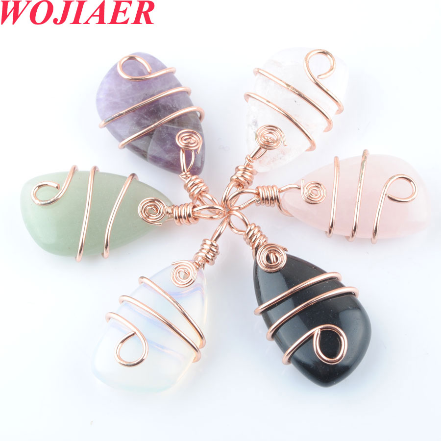 WOJIAER Natural Stone Copper Wire Wrap Pendant Irregular Bead Rose Gold Necklace for Women Men Reiki Healing Jewelry Gift DBO915