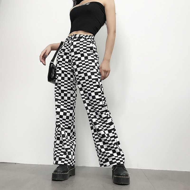 High Waist Loose Wide Checkerboard Punk Contrast Striped Plaid Zebra Cargo Jogger Harajuku Pant Korean Women Streetwear Trouser T200422