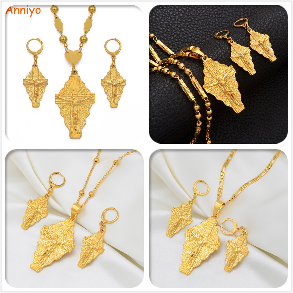 Anniyo Hawaii Jesus Jewelry Set Cross Pendant Necklaces Earrings Women Girls Gold Color Guam Micronesia Chuuk Pohnpei #212306 201222