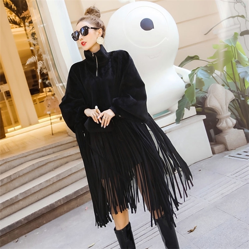 New Spring Autumn Black Jacket Loose Tassels Turtleneck Long Sleeve Cape Coat Women Fashion Plus Size Ponchos Y201001