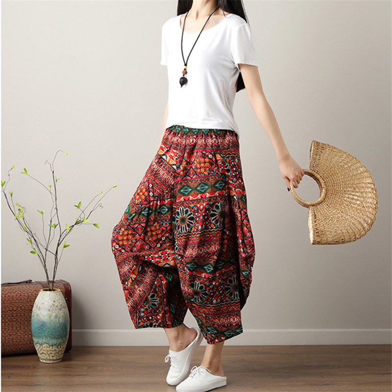 Women Bohemian Harem Pants Boho Chic Print Wide Leg Pants Summer Big Size Loose Hippie Trousers 201228