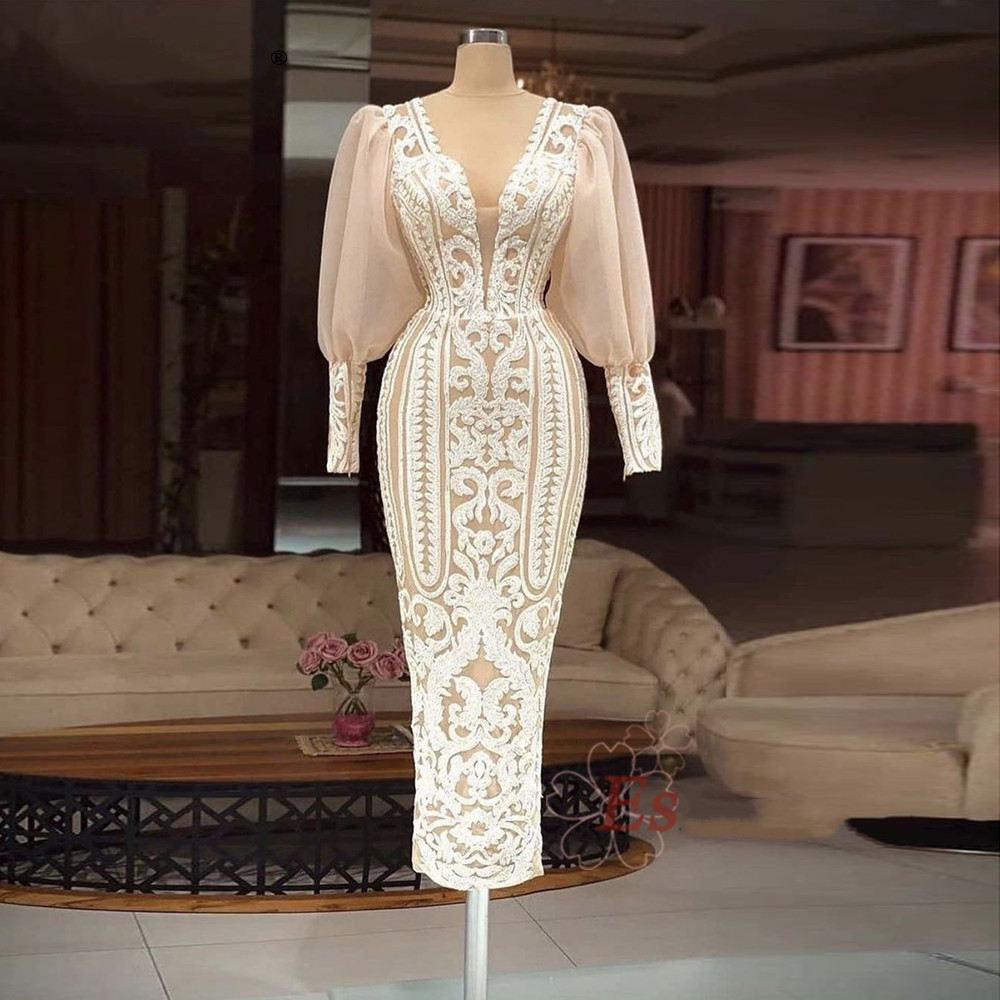 Classic Mermaid Evening Dresses With Deep V-neck Long-sleeves Applique Race Formal Party Prom Dress For Arabic Women Vestidos De Novia