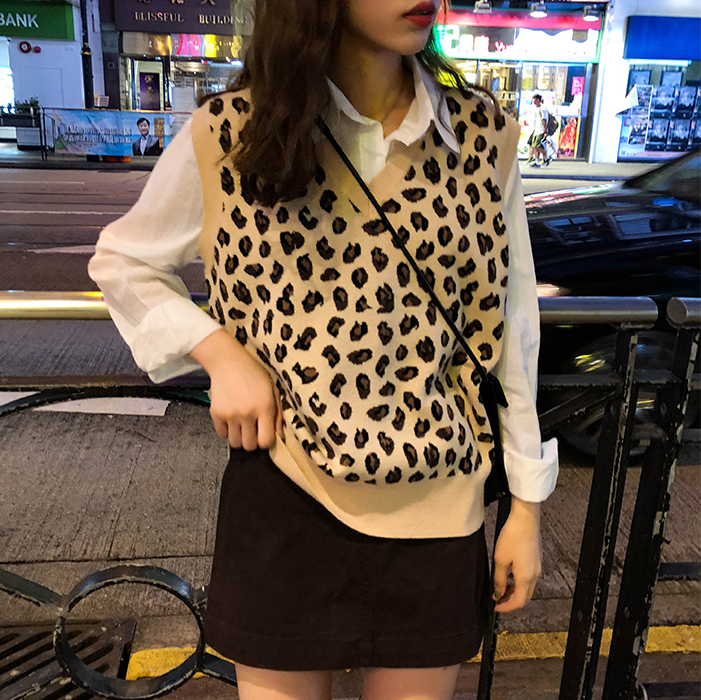 New leopard vest knitted female Vintage Oversize Spring Autumn Women Vest Wool Sweater Vests Poullovers Sleeveless Female Vest 201211
