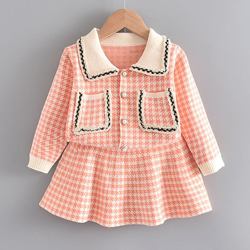 Girl's Long Sleeve Turn-Down Collar Brife Style with Pockets Sweaters+Skirts 2PCS Clothing Sets Casual Fashion Dressing SetsX1019