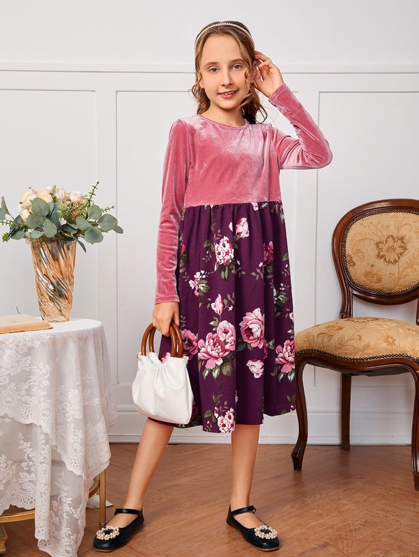 Girls Floral Print Splicing Velvet Dress SHE