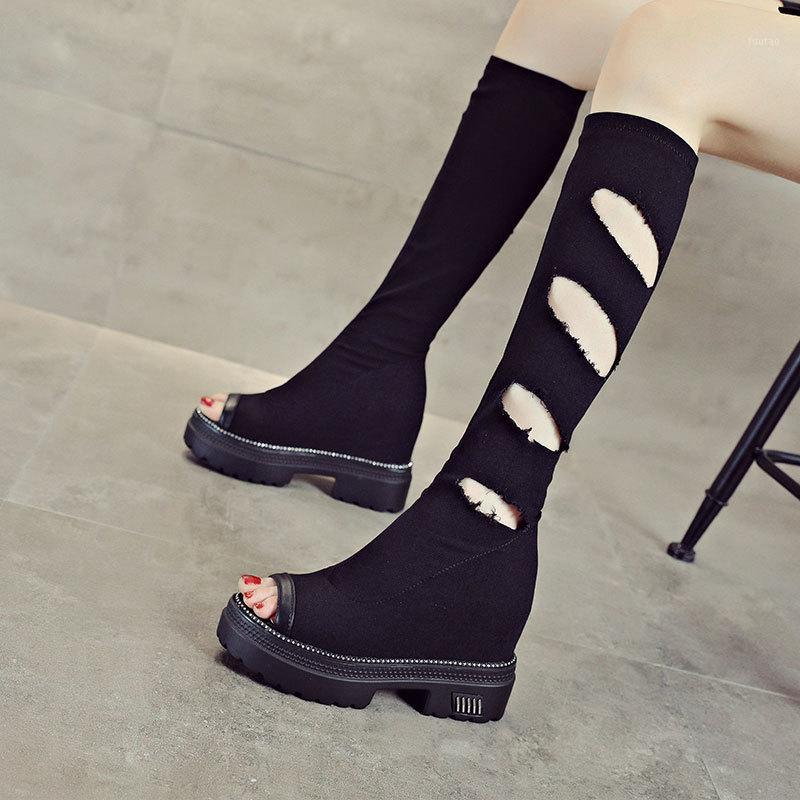 Fish mouth high boots women thick bottom 2020 spring and autumn fashion wild thin elastic boots increased women's FD-531, Black 1
Fish mouth high boots women thick bottom 2020 spring and autumn fashion wild thin elastic boots increased women's FD-531, Black 1