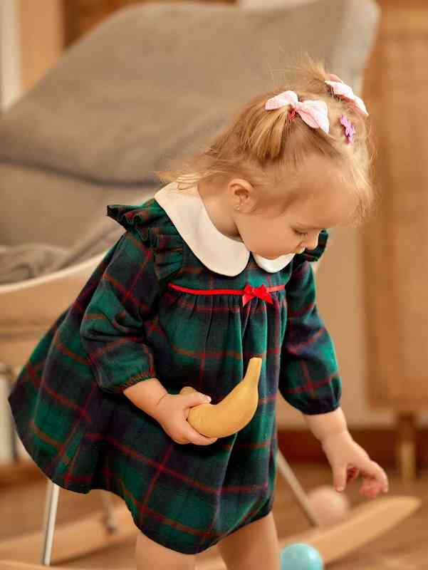 Baby Tartan Print Contrast Peter-pan Collar Ruffle Trim Dress SHE