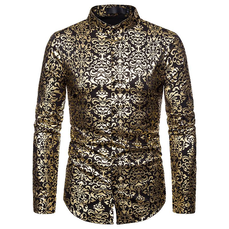 Nightclub casual men' fashion Henry collar design shirt hot stamping long-sleeved shirt, Black 
Nightclub casual men' fashion Henry collar design shirt hot stamping long-sleeved shirt, Black