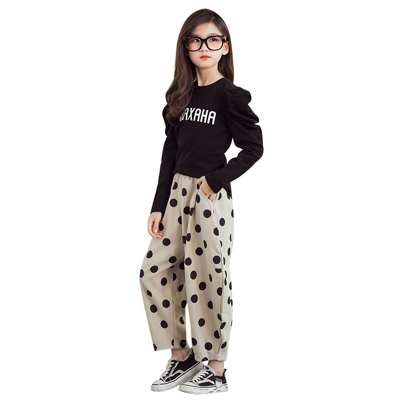 Teenage Girls Clothing Girls Set Long Autumn Dot Pants Lantern Letter Tshirts Two Pieces Pants Suits Outfits For Girls ChildrenX1019