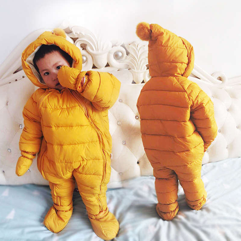 OLEKID 2020 Newborn Baby Jumpsuit Hooded Plus Velvet Warm Baby Boys Snowsuit Toddler Snow Suit Baby Girl Cotton Overalls Rompers LJ201023