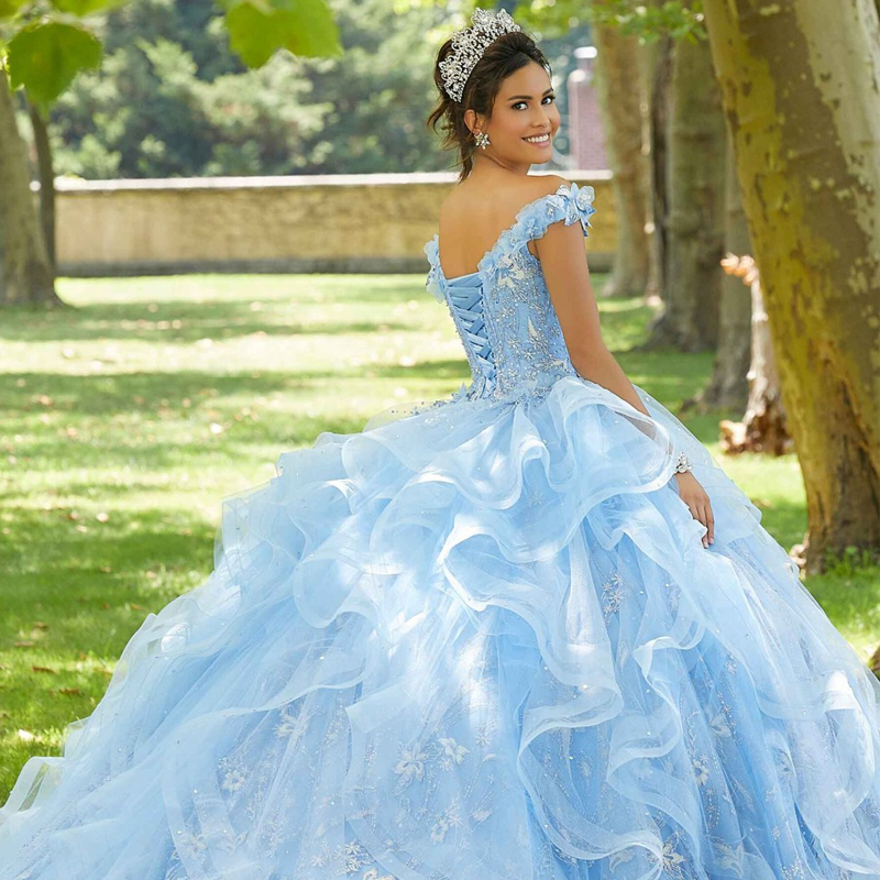 Light Blue Crystals Quinceanera Dresses Off the Shoulder Ruffles Tulle Skirt Sweet 16 Dress 3D Flower Bead Pageant Gown