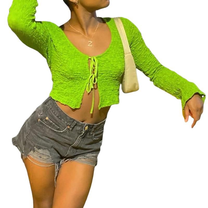 Women's T-Shirt Women Clothing Long Sleeve Plain Pleated Tie-Up Crop Tops Polyester Casual Ladies Sexy Slim-Fit Navel T-Shirts, White
Women's T-Shirt Women Clothing Long Sleeve Plain Pleated Tie-Up Crop Tops Polyester Casual Ladies Sexy Slim-Fit Navel T-Shirts, White