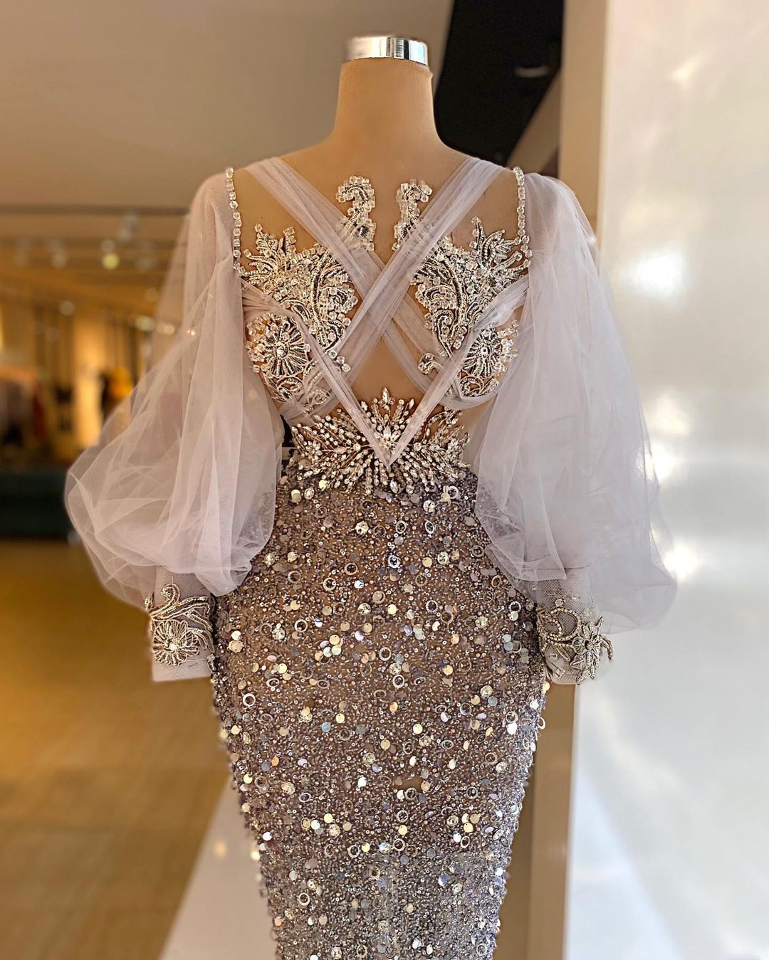 Crystal Mermaid Prom Dresses With Tulle Sequins Beading Evening Dress Custom Made Puffy Long Sleeves Glitter Celebrity Party Gown