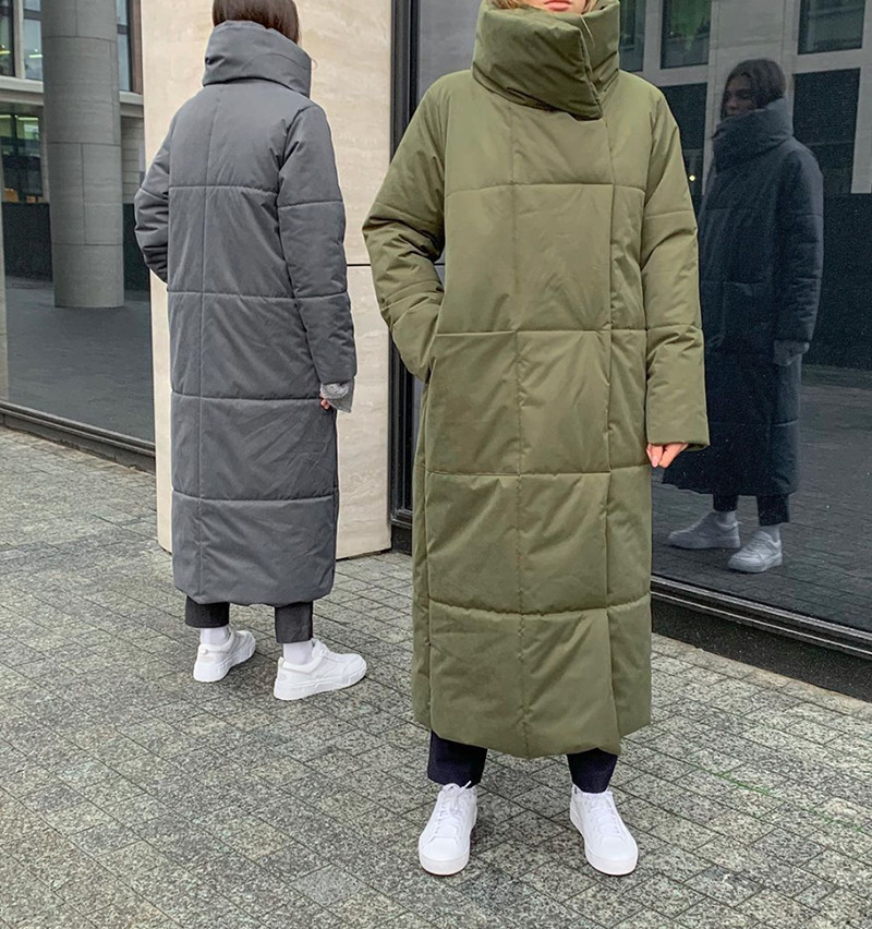 WOTWOY Winter Thickening X-Long Parkas Women Wide-Waisted Loose Cotton Padded Jackets Female Green Grey Sashes Warm Windbreaker 201029