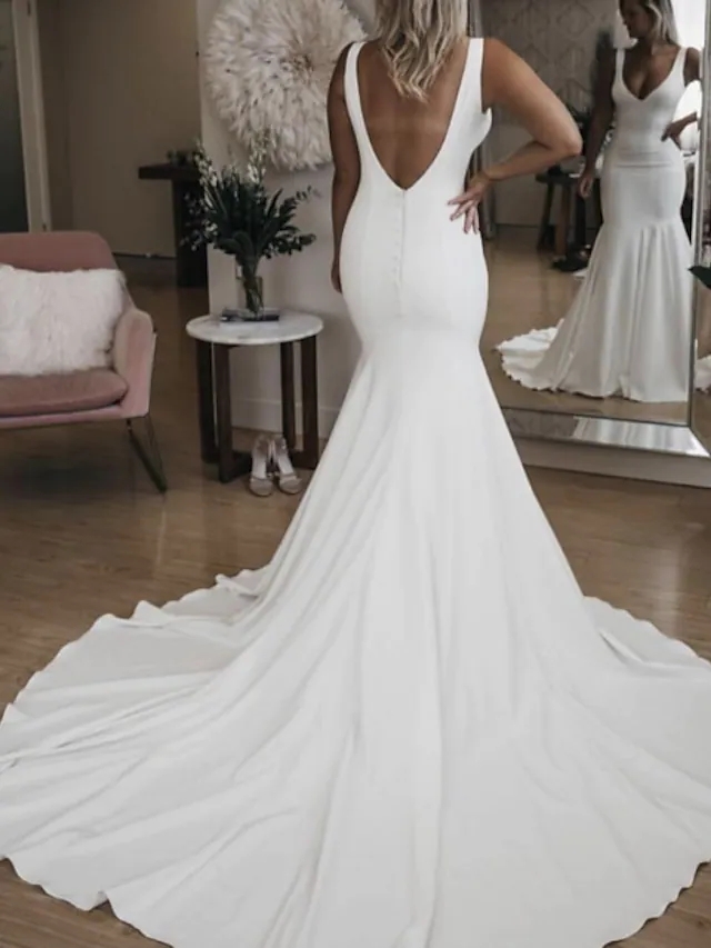 2022 Bridal Gown Mermaid Wedding Dresses V Neck Sweep Train Satin Simple Sexy Backless Plus Size Vestido De Noiva Robe De Mariage