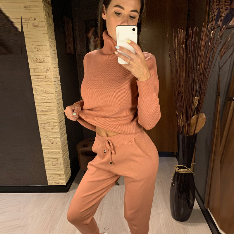 GIGOGOU Women Sweater Suits Track Costumes 2 Piece Sets Autumn Winter Thick Turtleneck Pullover Top Soft Female Jumper Pull Femm 201017