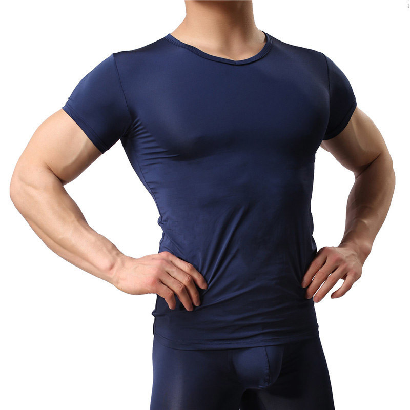 Men Trousers + Undershirts Ice Silk Penis Pouch Leggings Shorts Sleeve T-shrirts Sets Sports Bodybuilding Gym Fitness Homewear 201023