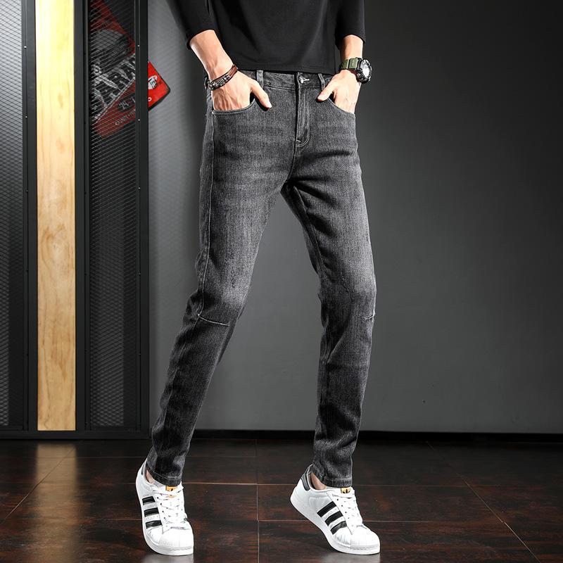 2021 Korean Style Men Jeans Fashion Black Gray Slim Fit Pencil Pants