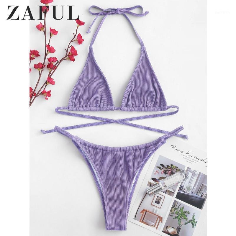 

ZAFUL Mini Bikini Textured Ribbed Halter Micro Bikini Set Unlined Wire Free Swimsuit Women Swimwear Solid String Bathing Suit1