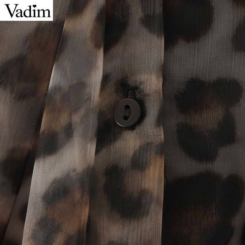 women Organza leopard print blouse long sleeve animal pattern bow tie cute shirts female see through tops blusas LB564 T200320