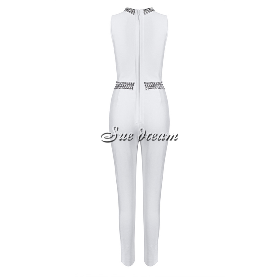 Autumn New Women Sleeveless Turtleneck Neck Bandage Jumpsuit Sexy Bodycon Beading Celebrity Party White Jumpsuits Vestidos T200509