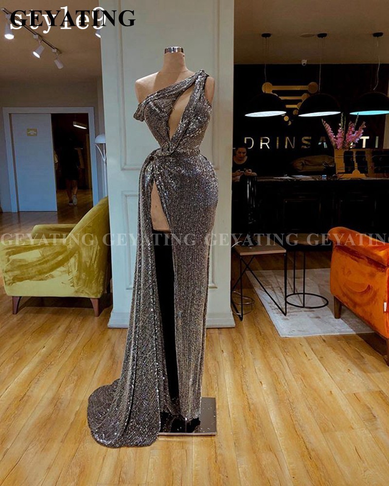 Dubai Gray Sequin One Shoulder Mermaid Evening Dress Long Sleeve High Slit African Prom Dresses High Neck Arabic Formal Gowns T200604