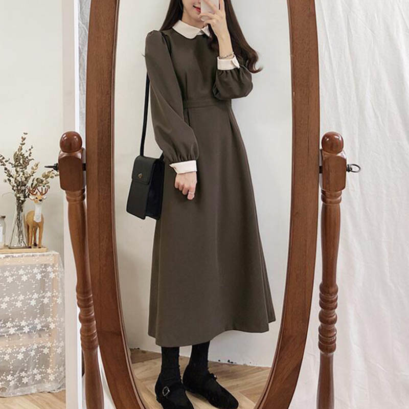 NORMOV Autumn Winter Long Hot Women Fashion Dress Solid Color A Line Patchwork Vintage Peter Pan Colla Knee-Length Dress 201008