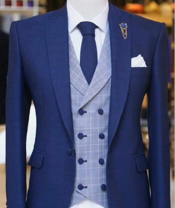 3 Piece Blue Men Suits for Wedding with Peaked Lape Groom Tuxedo Male Fashion Set Jacket Plaid Vest Pants New Arrival 201105