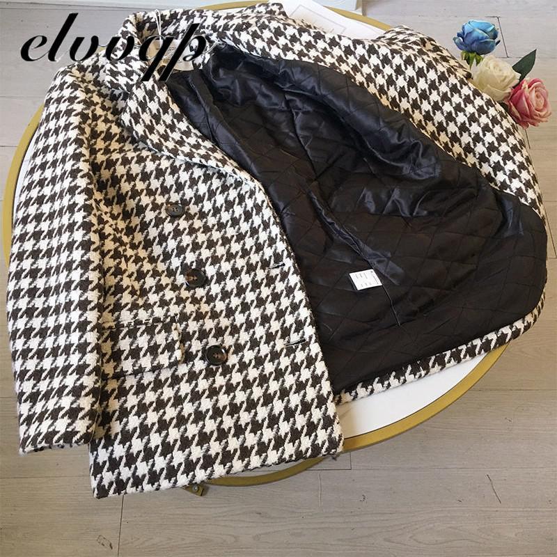 Autumn Winter Blazer Woolen Coat Women Fashion Elegant Double Breasted Houndstooth Thick Office Work Jacket Suit With Waist Bag 201201