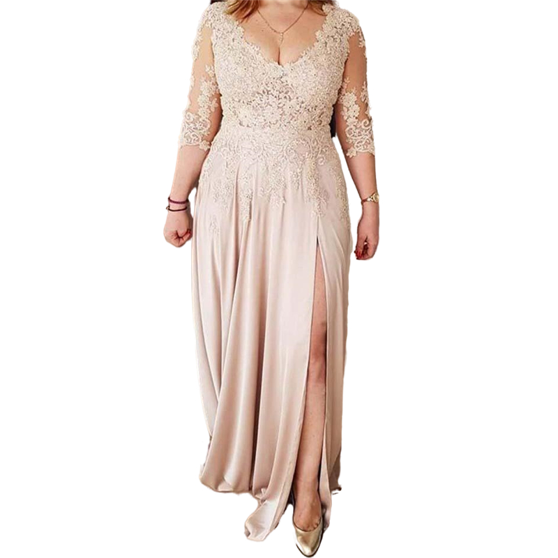Elegant V Neck Champagne Mother Of The Bride Dresses 3/4 Long Sleeves Lace Appliques Back Buttons Plus Size Wedding Guest Gowns Women Side Split Prom 