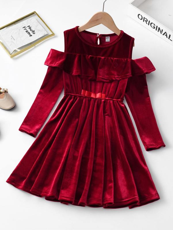Girls Cold Shoulder Ruffle Trim Bow Velvet Dress SHE