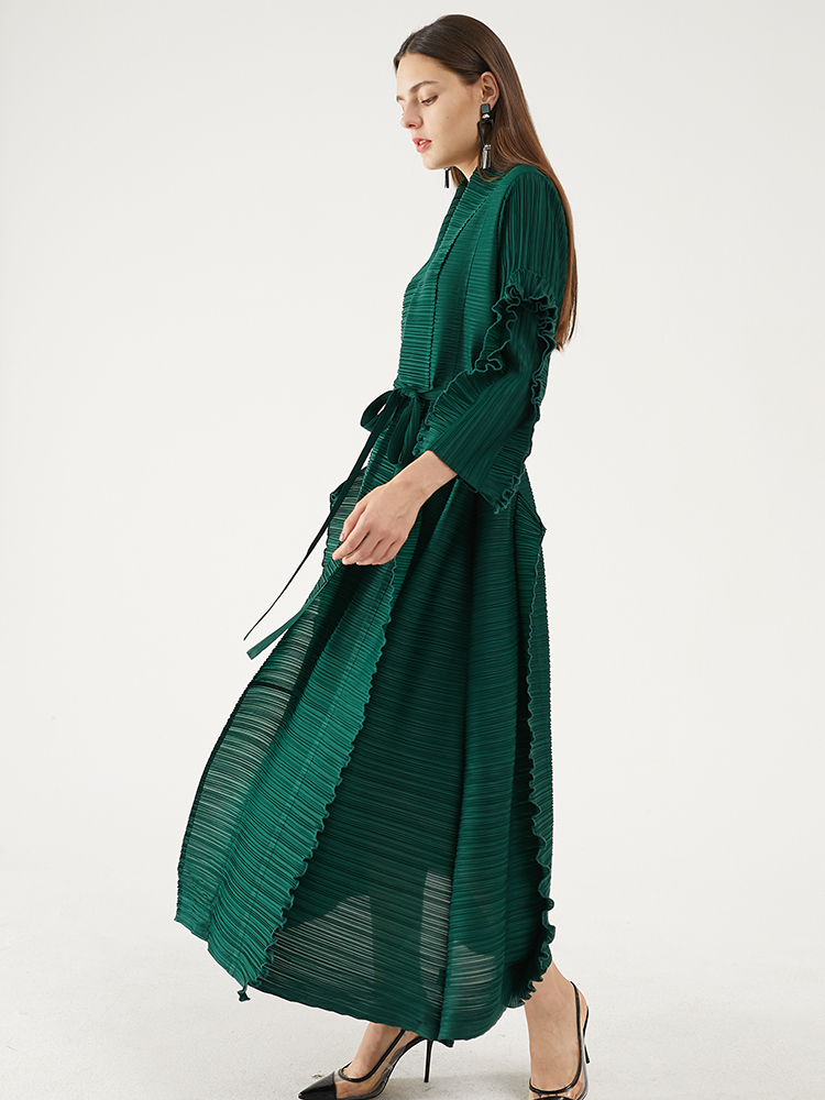 Miyake pleated petal sleeve dress lapel cardigan Sashes long sleeve casual plus size long green dress winter women clothes 201203