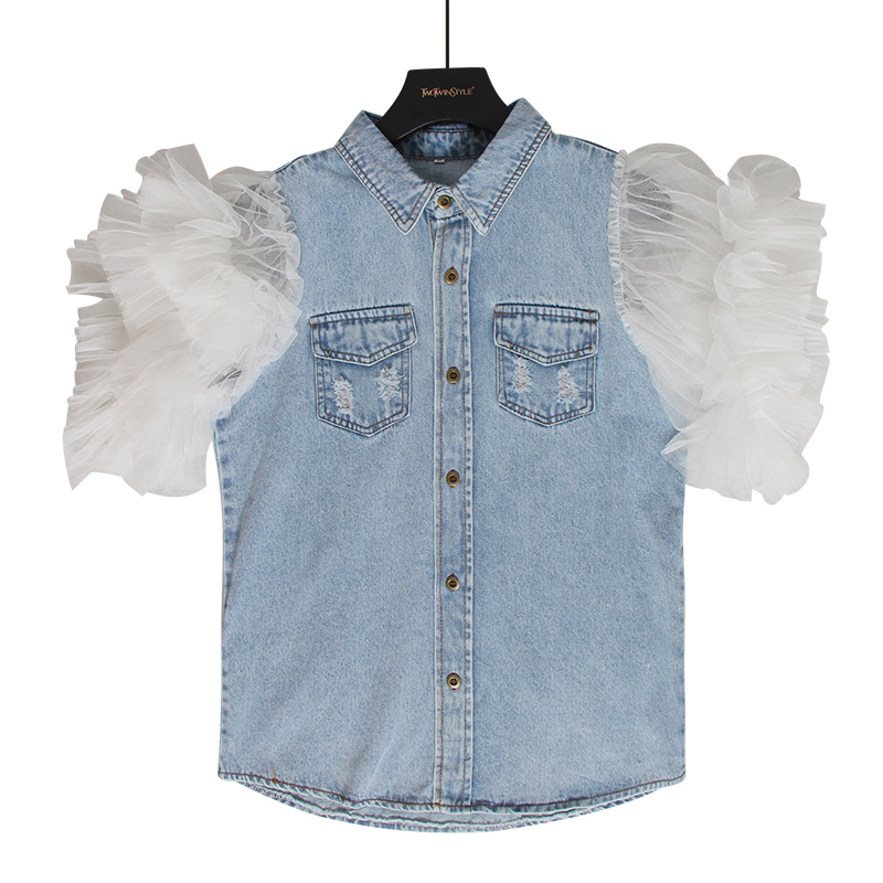 TWOTWINSTYLE Ruffles Denim Patchwork Women's Jacket Lapel Collar Puff Sleeve Summer Long Coats Female Y201006
