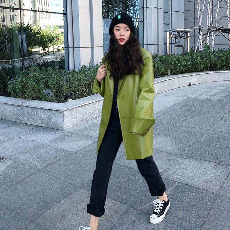 Korean Loose Fit Solid Color Pu Leather Jacket Lapel Long Sleeve Women Coat Fashion Spring leather coat PY137 201020