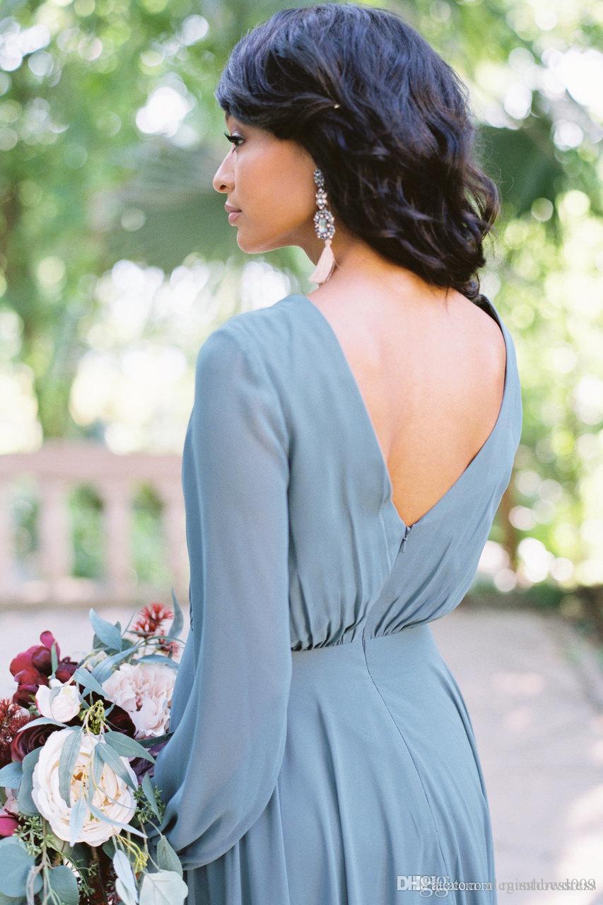 V Neck Bohemian Chiffon Bridesmaid Dresses Long Sleeves Pleats Floor Length Wedding Guest Dress Maid Of Honor Robes De Demoiselle D'honneur Moise