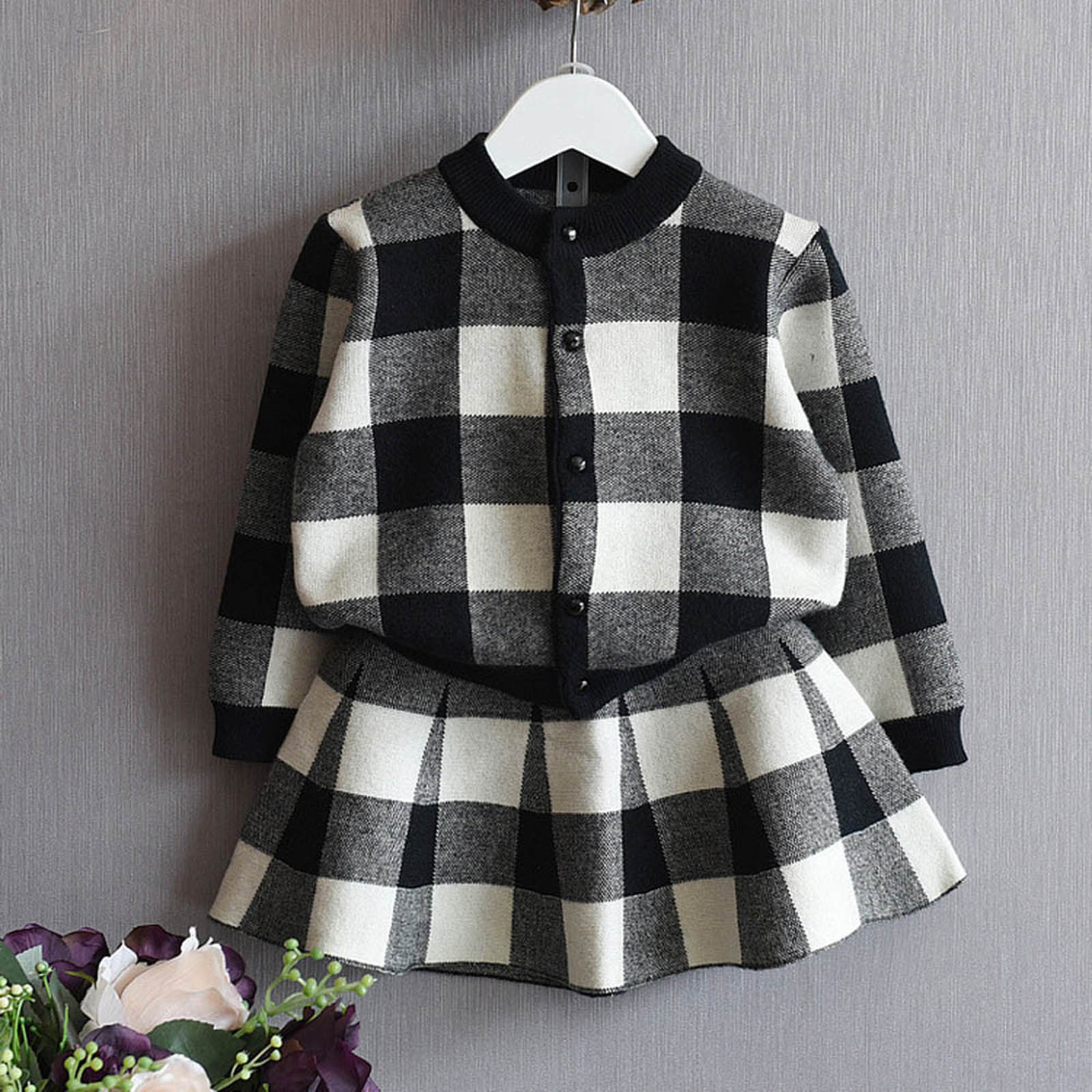 Plaid Knitted Girls Clothes Set Toddler Kids Baby Girls Long Sleeve Sweater Coat Tops+Skirt Outfit Clothing Set Christmas GiftsX1019