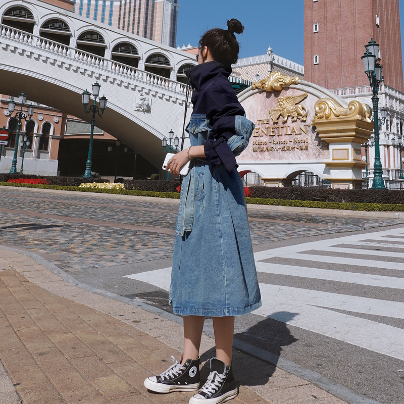 2020 Denim Trench Coat For Women Streetwear Loose Long Coat Women with belt Jeans Trench Coat Female Windbreaker Femme FY71 T200810