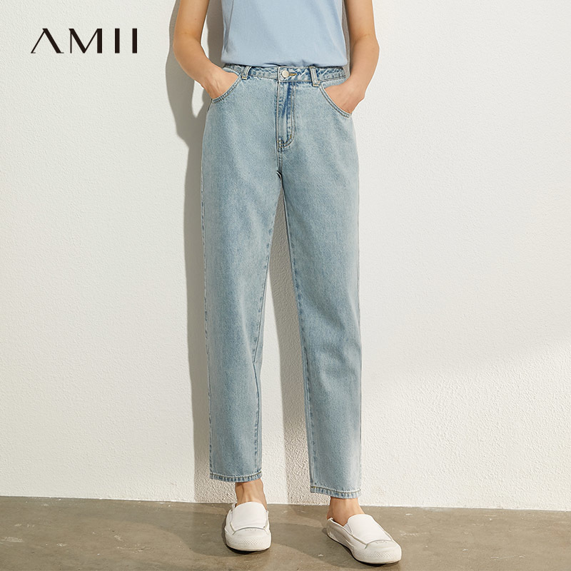 AMII Minimalism Summer Autumn Fashion Basic Women Jeans Causal Cotton High Waist Straight Ankellength Female Jeans 12040693 201105