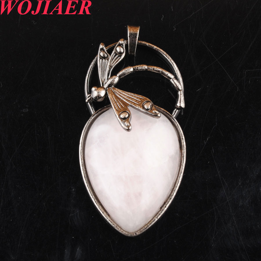WOJIAER Antique Silver Color Pendant Water Drop Natural Stones Bead Dragonfly Dangle Women Men Charms Jewelry DBO906