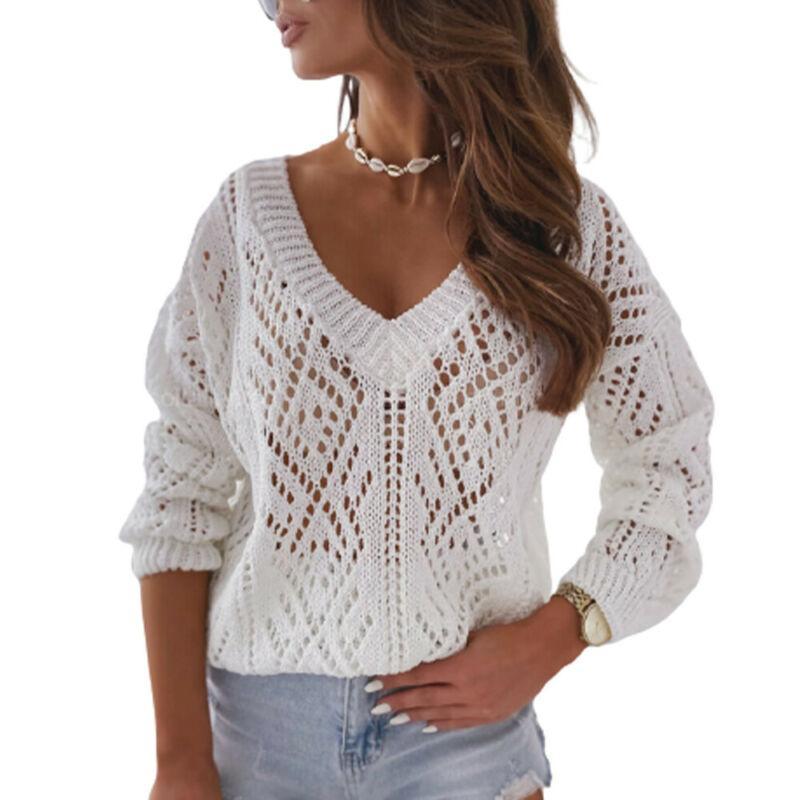 Solid Color Womens Sexy Knitted Sweater Long Sleeve V Neck Hollow Out Pullover Tops Casual Baggy New Fahsion Ladies Knitwears, White
Solid Color Womens Sexy Knitted Sweater Long Sleeve V Neck Hollow Out Pullover Tops Casual Baggy New Fahsion Ladies Knitwears, White