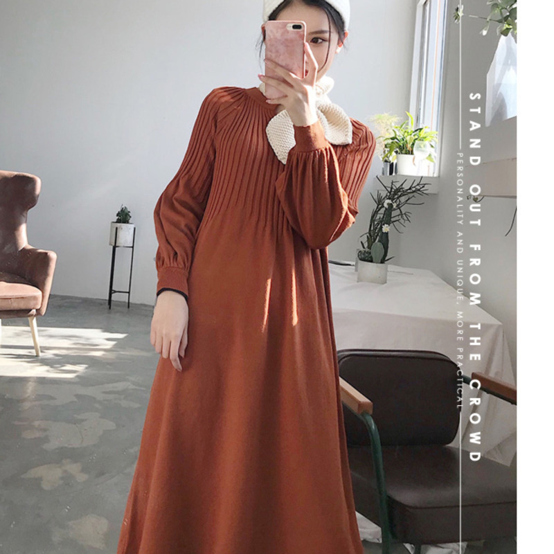 autumn winter knitting dress vneck solid color Retro french girl chic dress 201110