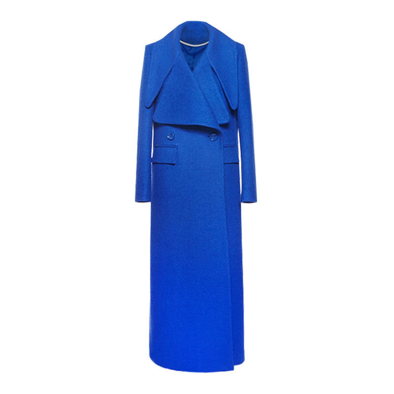 Winter Woman Coats large Lapel Slim Slimming Woolen Long Coat Fashion Blue Woolen Jacket Female Jacket Double Breasted Coat 201102