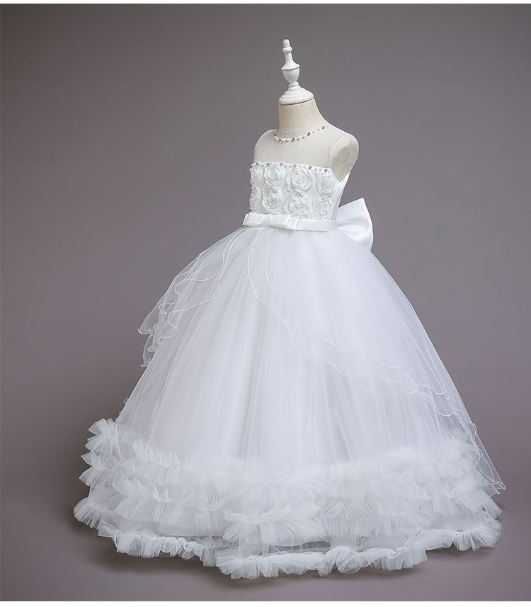 Fashion Red White Flower Girls' Dresses Ball Gown Beaded Crystal Bow Rosette Flower Girl Dresses Kids Wedding Dress