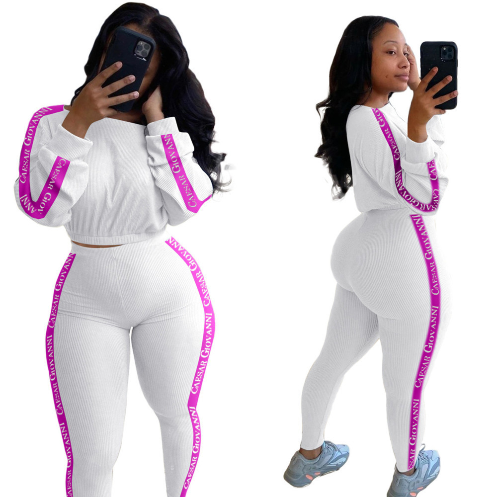 Women Clothes Tracksuits Two Pieces Set Letters Printed High Waist Long Sleeve Top Trousers With Webbing On The Sides Casual Suits Sportwear