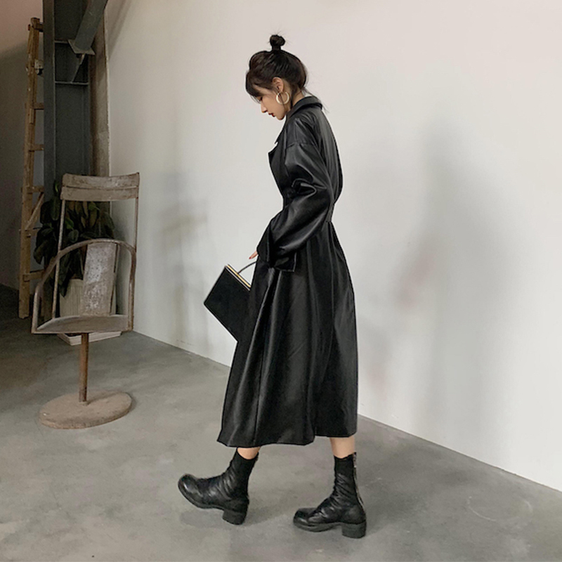 Lautaro Long oversized leather trench coat for women long sleeve lapel loose fit Fall black women plus size clothing streetwear 201226